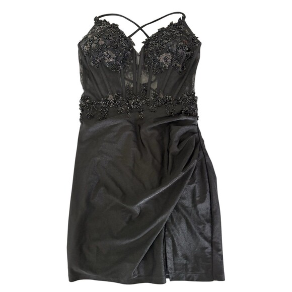 Windsor Millie Satin Sequin Lace-Up Mini Homecoming Formal Black Dress XS NEW - Picture 5 of 11
